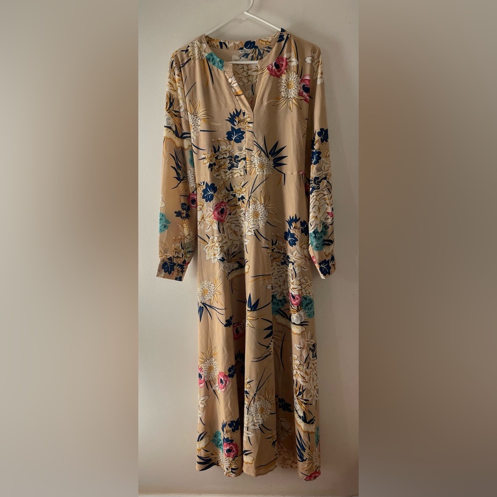 Floral Beige Long Sleeve Midi Dress